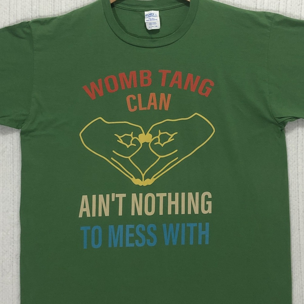 Womb Tang Clan Shirt Adult XL Green Graphic Tee Feminist Parody Hip Hop Rap